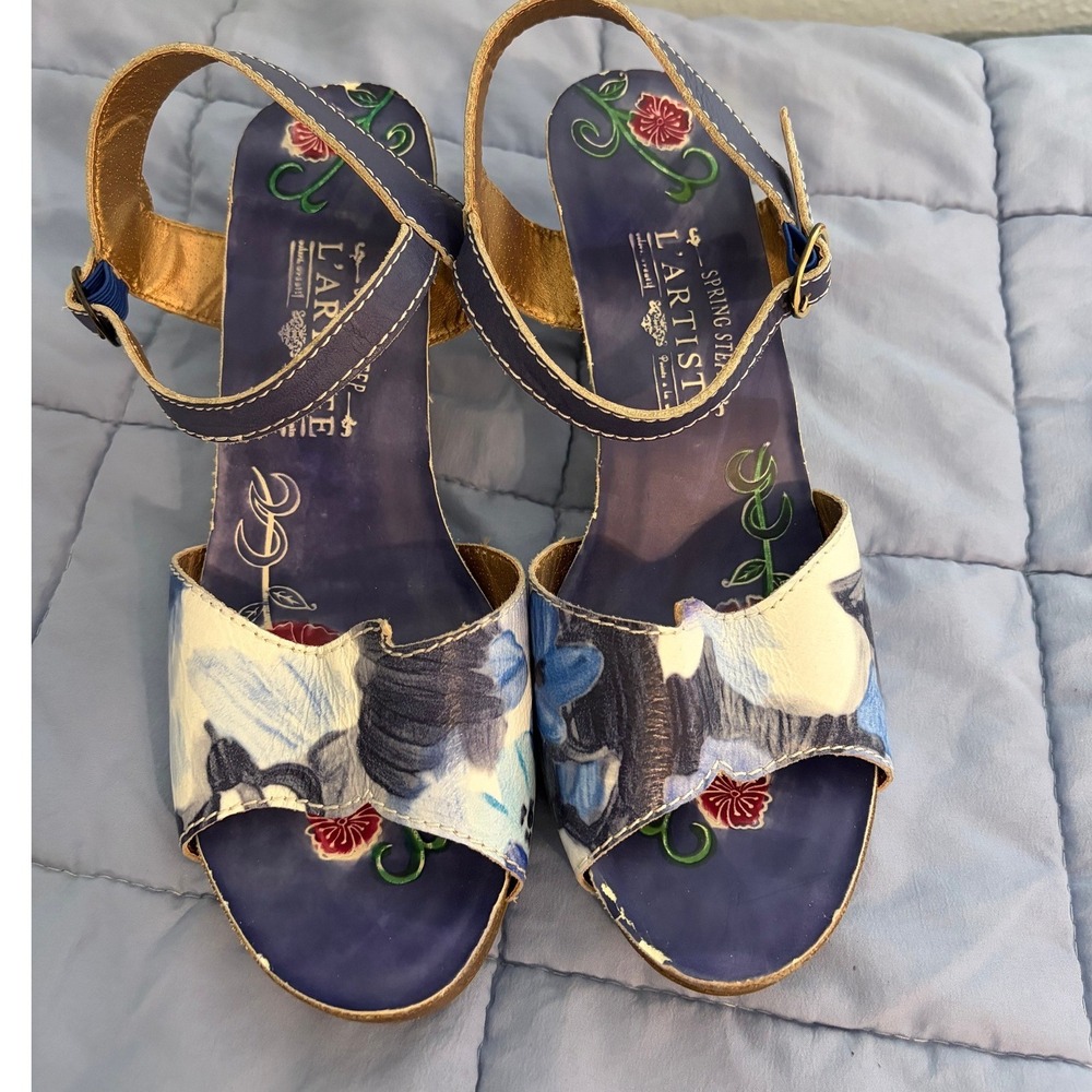L'Artiste Spring Step Blue Floral Leather Ankle Strap Block Heel Sandals 41 Flaw